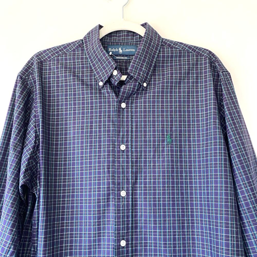 NEW Ralph Lauren Button Down Shirt Mens Large Purple Plaid Custom Fit Pony Logo